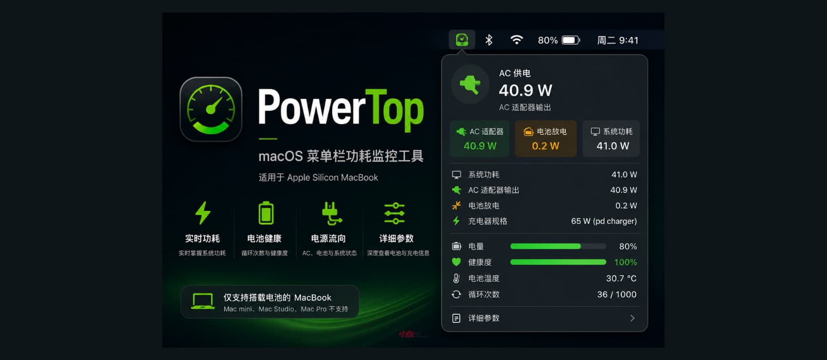 PowerTop – 在 macOS 菜单栏上实时监控电量、功耗 1