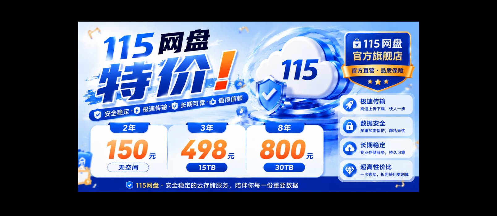 115 网盘特价:2年150(无空间),3年498,8年800 1