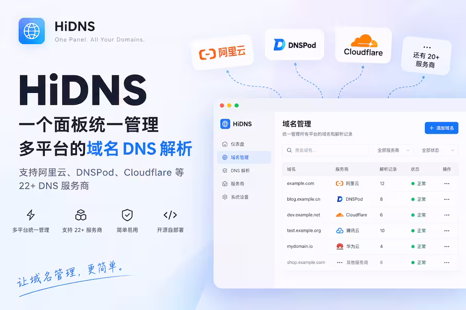 HiDNS – 统一管理阿里云、DNSPod、Cloudflare 等 22+ 平台的域名 DNS 解析 1