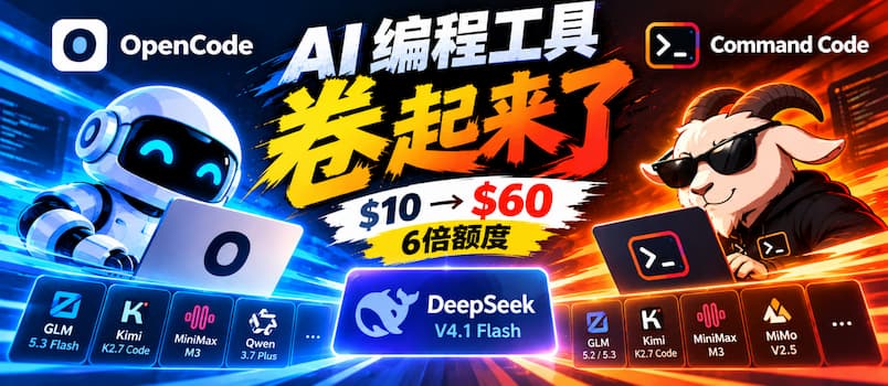 AI 编程卷起来了：OpenCode、Command Code 都在 $10 套餐里送 6 倍 DeepSeek V4.1 Flash 额度 1