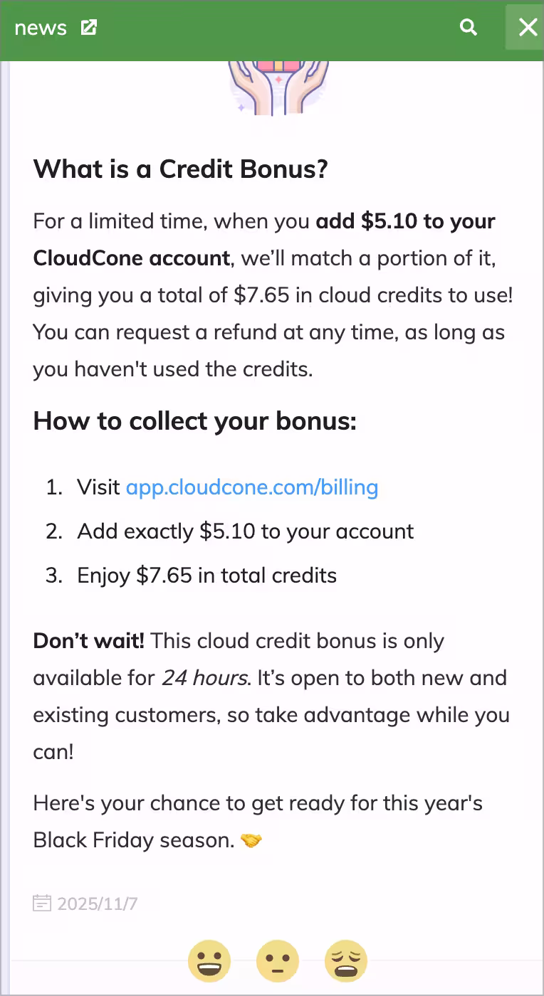 CloudCone 再次开启50%赠送：充值 5.1 美元，送 2.55 美元 5